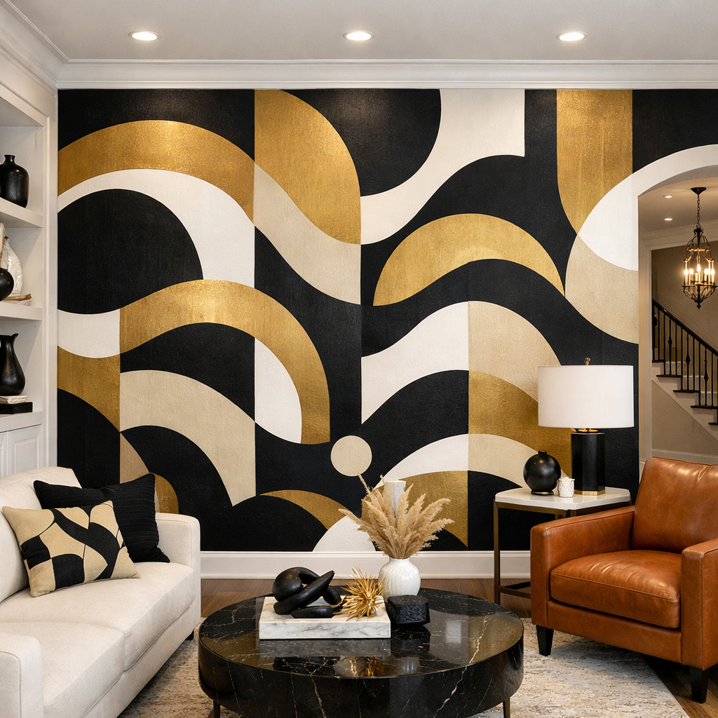 Wilson Supply Corporate Office stunning accent feature wall with bold modern wallpaper in Houston home